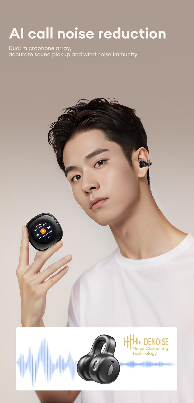 HYUNDAI CT11 Clip-on Design BlueTooth Earphone with LCD Full Color Touch Screen, Audio Wireless Headphones for Music & Phone Calls