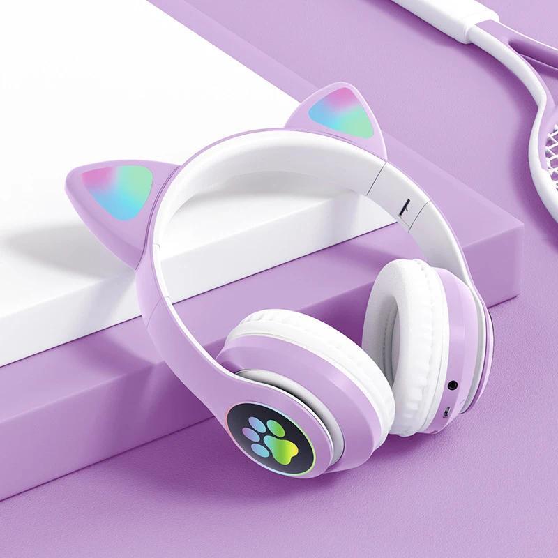 Flash Lamp Cute Cat Ears Headphone Bluetooth5.0 Stereo With Mic Support TF Card Wireless Kids Girl Earphone Birthday Gift btheadphones