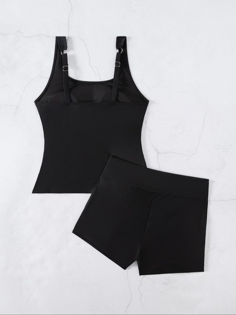 Women's Solid Tankini Set, Casual U Neck Sleeveless Swim Top & Swim Shorts, Ladies Swimsuit for All Seasons, Tankini Swimsuits