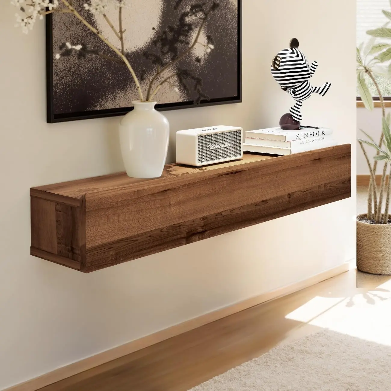 Floating Solid Wood Console Table, 32" Wall Mounted Narrow Entryway Table with Storage Shelf, Modern Couch Shelves Small Entry Way Tables for Entryway, Front Hall, Hallway (Walnut, 31.5IN)
