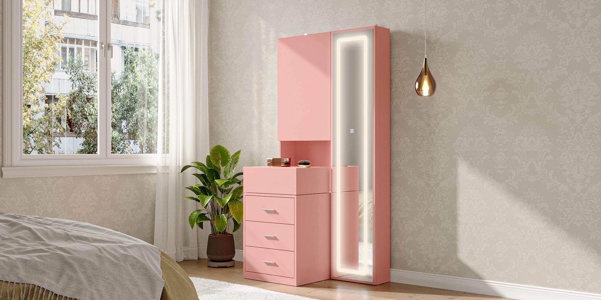 FUFU&GAGA Makeup Vanity Desk with Mirror and 3-Colors Lights, Dressing Table with 3 Drawers and Door Sliding Tabletop