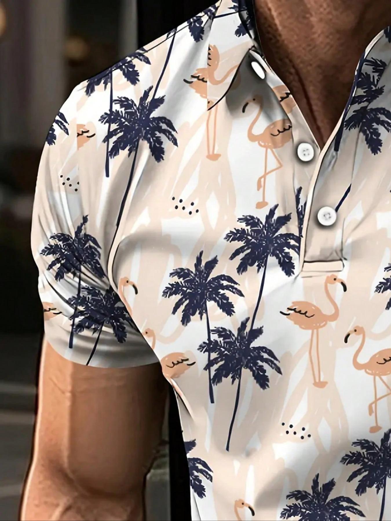 Men's Tropical Palm Tree Print Shirt, Short Sleeve Button Front Casual Summer Golf & Beach Wear, Base Blue Accents, Casual Outdoor Shirt