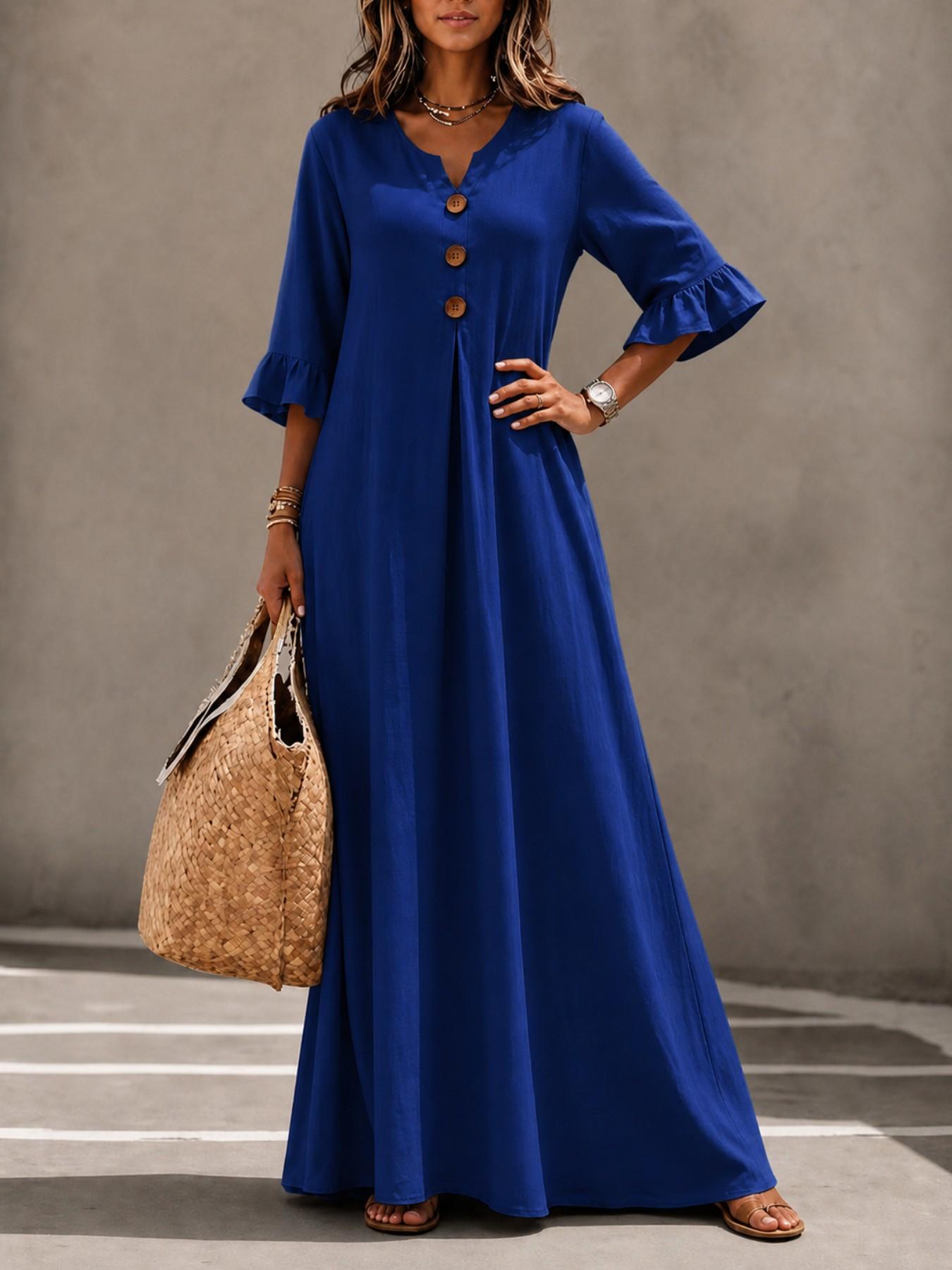 Women's Boho Style Loose-Fitting Wooden Texture V-Neck Dress, Leaf Sleeve Round Button A-Line Long Dress, All Seasons Fashion