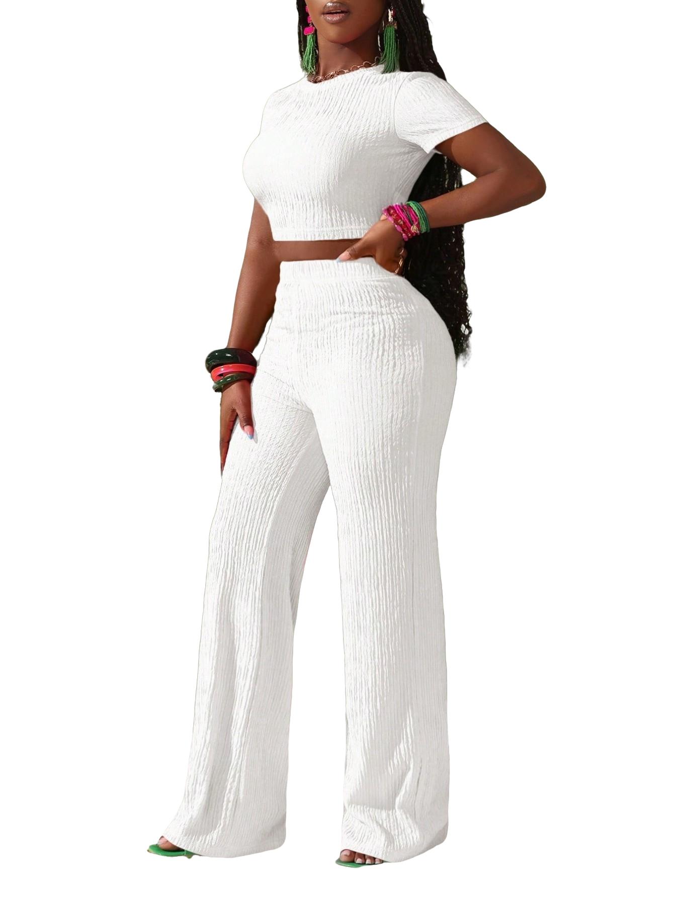 Spring Summer Fashion Minimalist Womenswear Casual Everyday Solid Color Fitted Round Neck Women's Home Set, Comfortable Short Sleeve Top + Long Pants 2 Piece Set Outfit