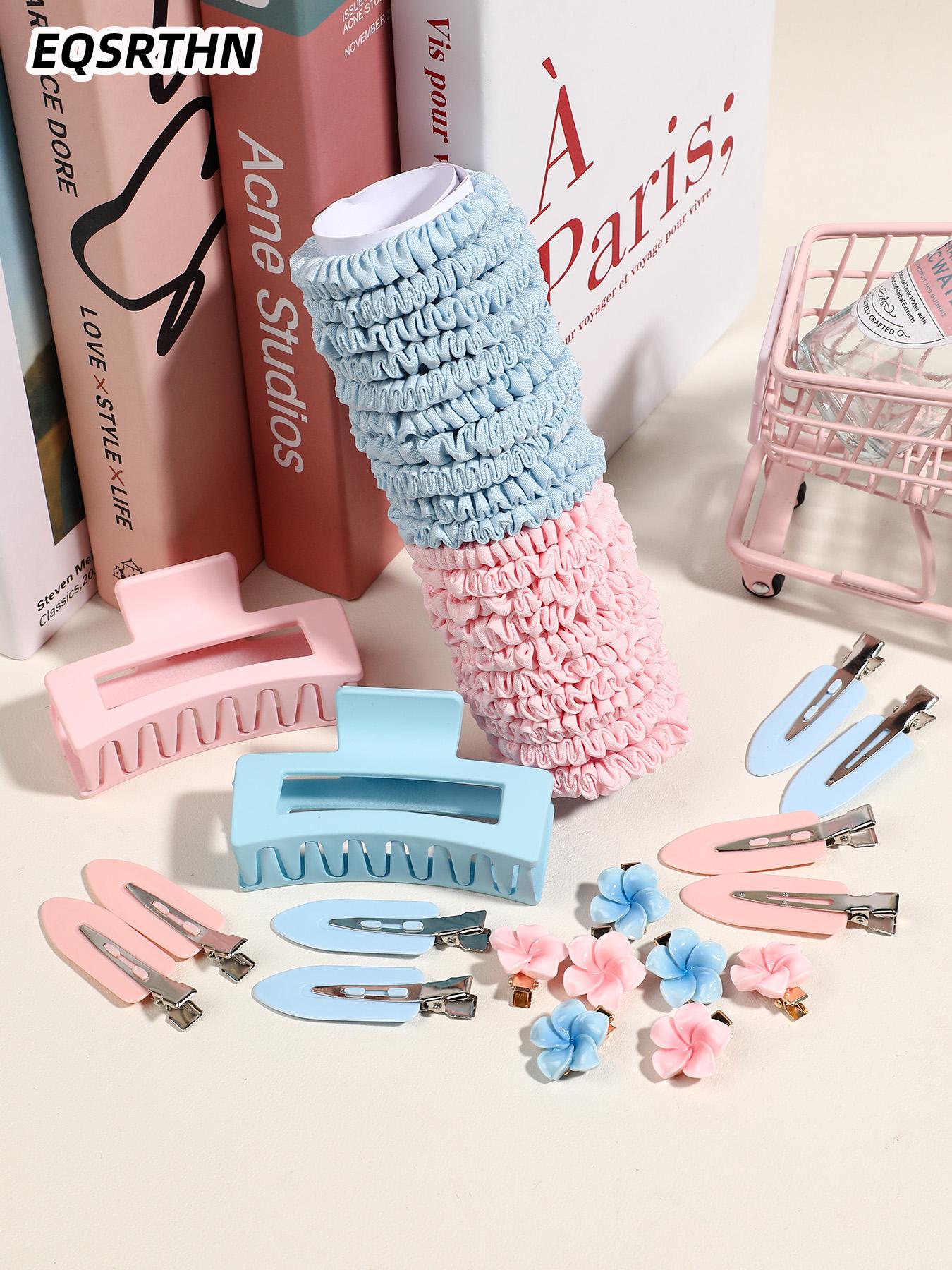 37pcs powder blue hair ring hairpin set, hair ring resin egg flower small hairpin seamless clip square clip, Macaron powder blue hair accessories set, ladies daily commute appointment