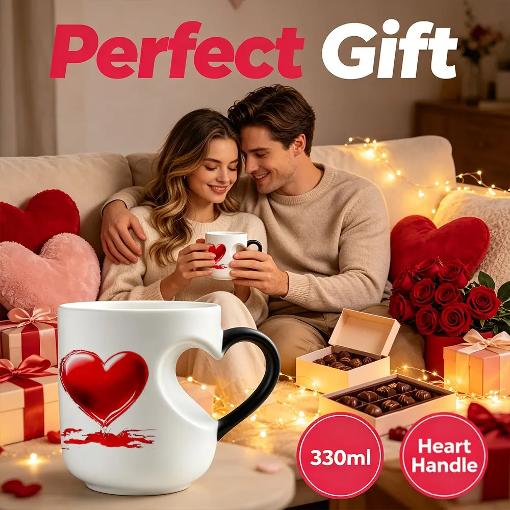 Romantic Heat Changing Heart Mug Best Gift for Valentine’s Day, Anniversary, Birthday, Wedding & Christmas | Hollow Heart Handle Temperature Reactive Ceramic Coffee Cup Unique Sweet Surprise Present for Boyfriend, Girlfriend, Husband, Wife & Lovers