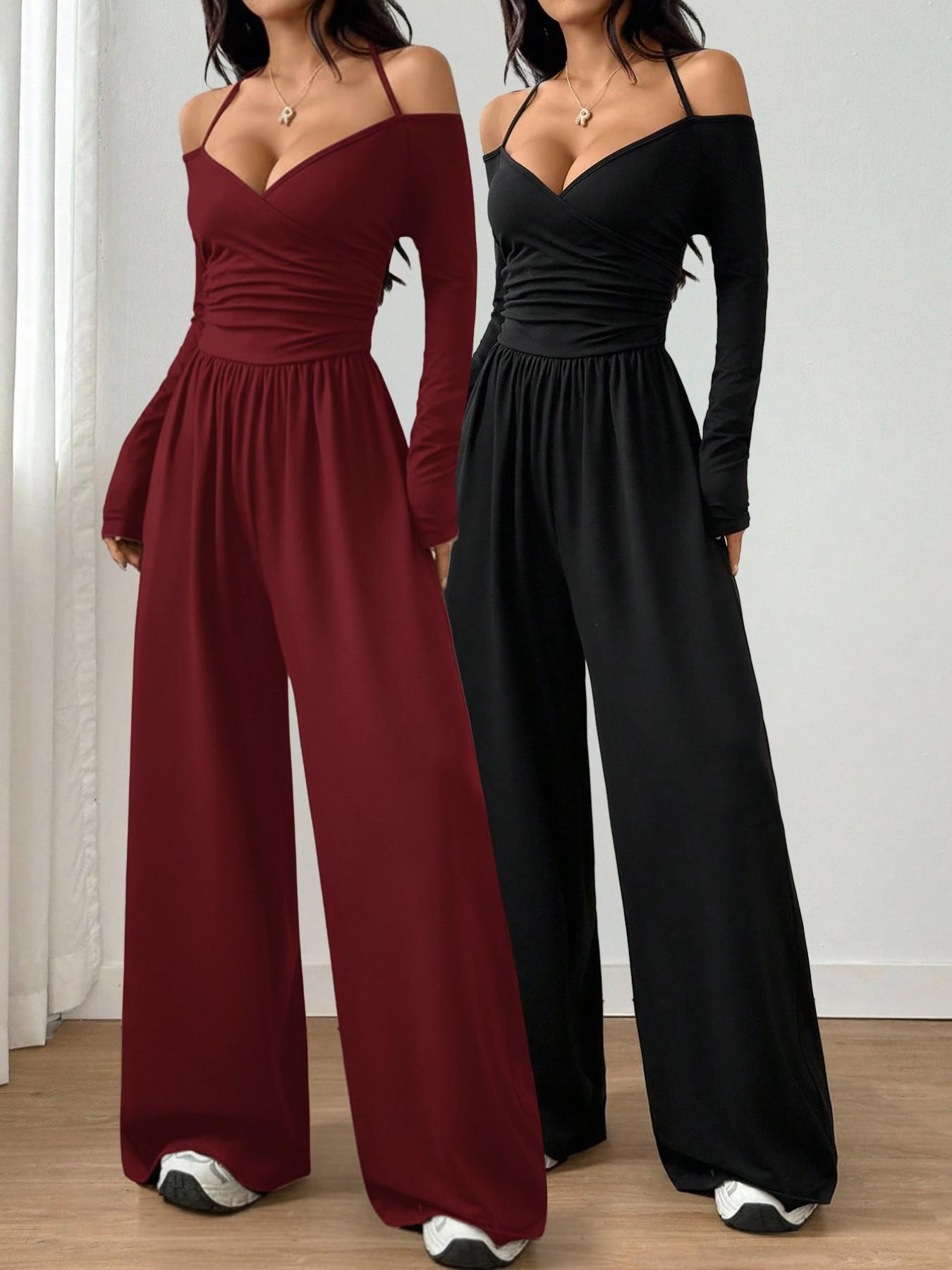 Women's Casual Solid Color Ruched Wide Leg Jumpsuit with Halter-Neck, Stylish and Comfortable Jumpsuit for Daily Wear Women's Casual Solid Color Ruched Wide Leg Jumpsuit with Halter-Neck, Stylish and Comfortable Jumpsuit for Daily Wear