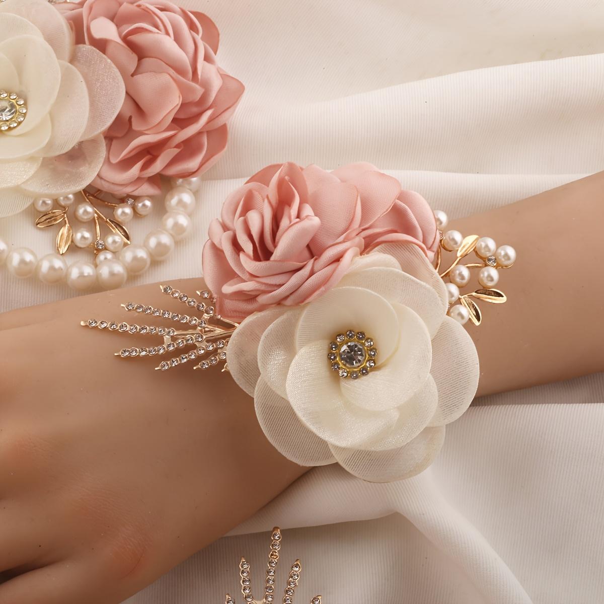 6pcs Romantic Pink Flower with Milk Gauze Rose Bridesmaid Wrist Flower Handmade Golden Leaf Rhinestone Wedding Party Evening Prom Season Valentine'S Day Elastic Pearl Wrist Flower Additions Corsage For Prom