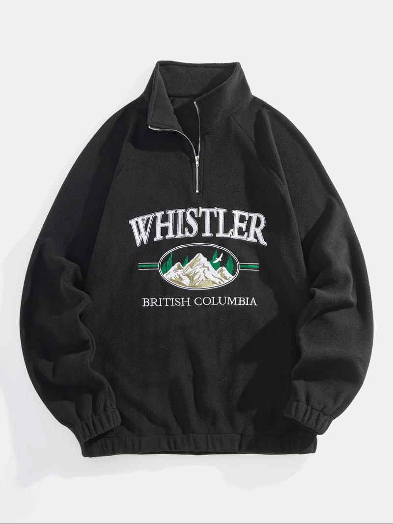 Men's Landscape & Letter Print Zip Front Fleece Sweatshirt, Loose Casual Raglan Sleeve Stand Collar Pullover for Fall & Winter, Men's Clothes for Daily Wear, Winter Fashion Clothing