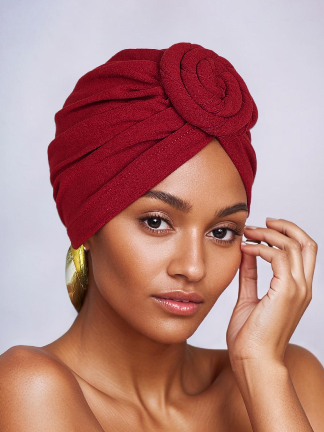 Women's Ethnic Headscarf Hat, Floral Twist Design Indian Turban Cap, Casual Fitted Style for All Seasons, Perfect for Parties & Daily Use