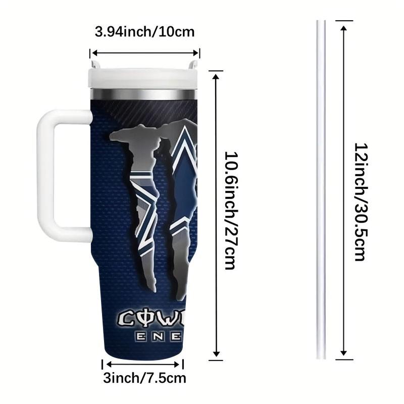 1pc Dallas Cowboys Energy Drink Pattern 40oz Tumbler, Non-Slip Handle Insulated Cup, Large Capacity Functional Beverage Straw Cup, Car/ Sports Use