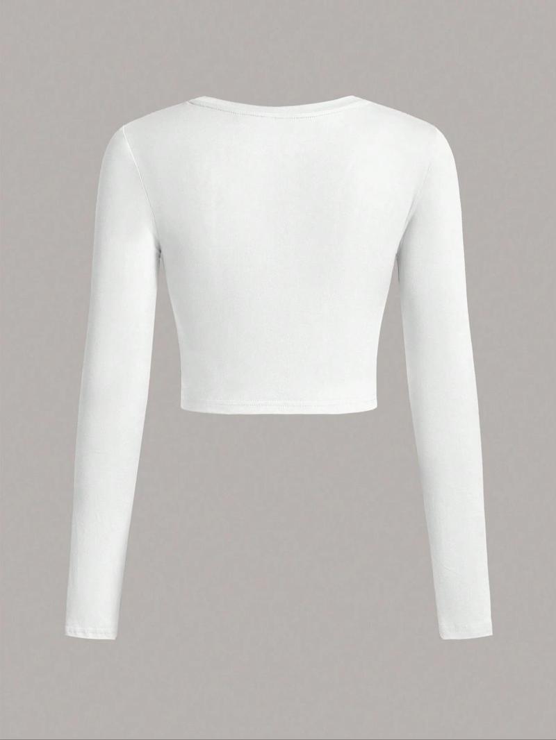 Women's Slim Fit Round Neck Long Sleeve Elastic Tee, Sexy Crop Top for Fall, Fashionable Ladies' Long Sleeve Shirt