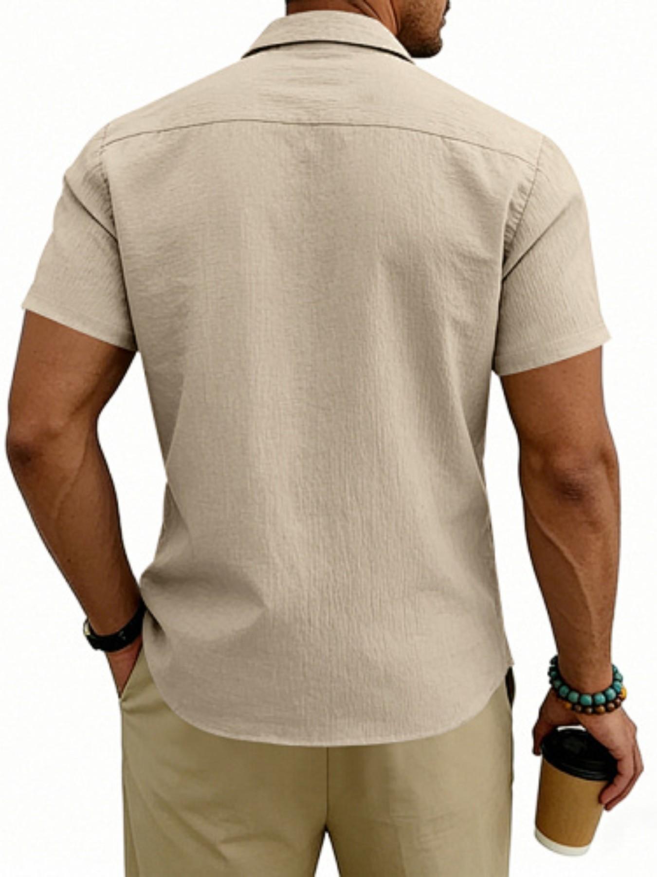 Men's Hawaiian-style linen loose-fit semi-high-neck short-sleeved top, designed for casual daily wear with comfortable and breathable fabric