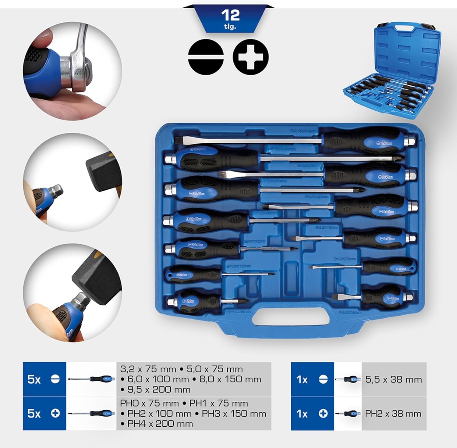 12-Piece Magnetic Screwdriver Set, Heavy Duty Screwdriver Set Go-Thru Steel Blades, Professional Level Handle with Two Types of Screwdrivers in Case, Includes Phillips/Flat