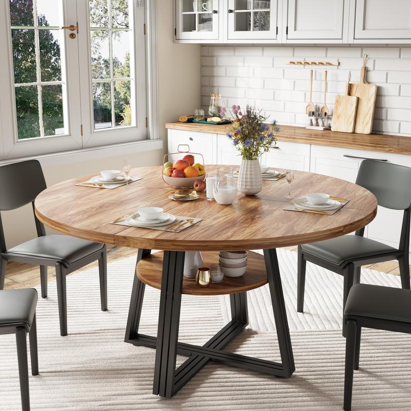 Round Dining Table for 4-6, 42" Kitchen Table with Storage, Circle Dinner Tables for Kitchen, Dining Room, Living Room, Meeting Room, Apartment