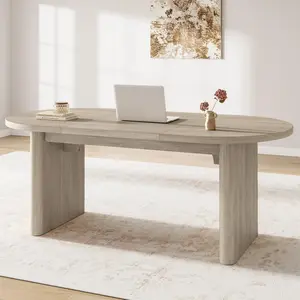 Garvee Large 70.8'' Oval Dining Table for 6-8 – Modern Farmhouse Style with Sturdy Wooden Double Pedestal and Water-Resistant Gray Tabletop – Perfect for Home, Office, and Kitchen Use
