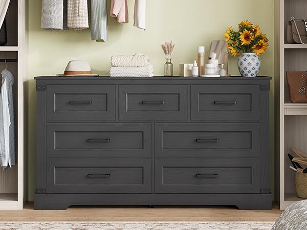 Hasuit Black Dresser for Bedroom, Wooden 55.1" Long Dressers Chest of Drawer, Farmhouse 7 Drawer Dresser with Thick Styling, Large Capacity Storage Cabinet Organizer, Wide Dressers for Bedroom Hallway