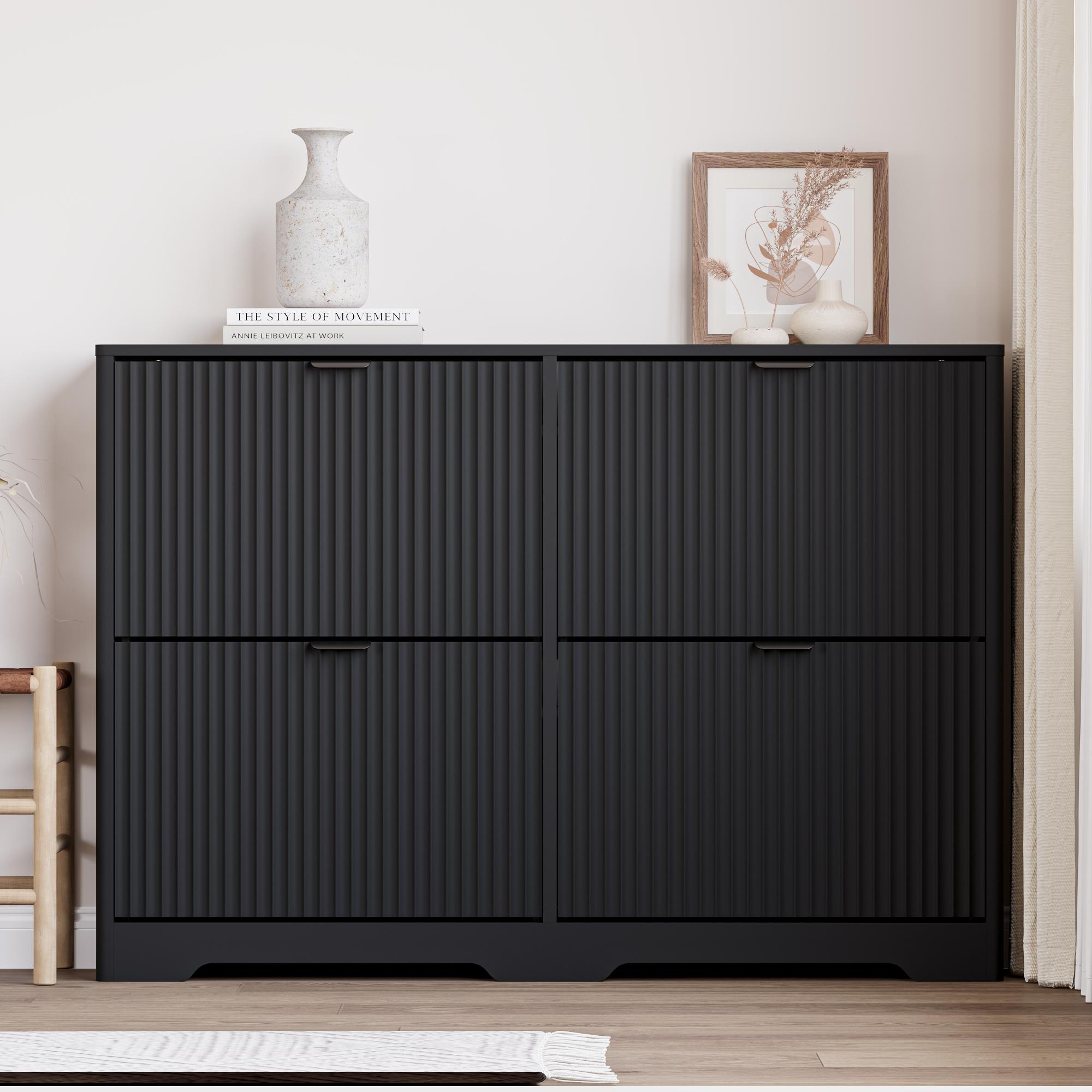 Shoe Cabinet Storage for Entryway with 4 Flip Drawers, Black Fluted Shoe Cabinet with Adjustable Shelves, Wooden Hidden Shoes Rack Freestanding Narrow Slim Shoes Storage for Hallway, Entrance