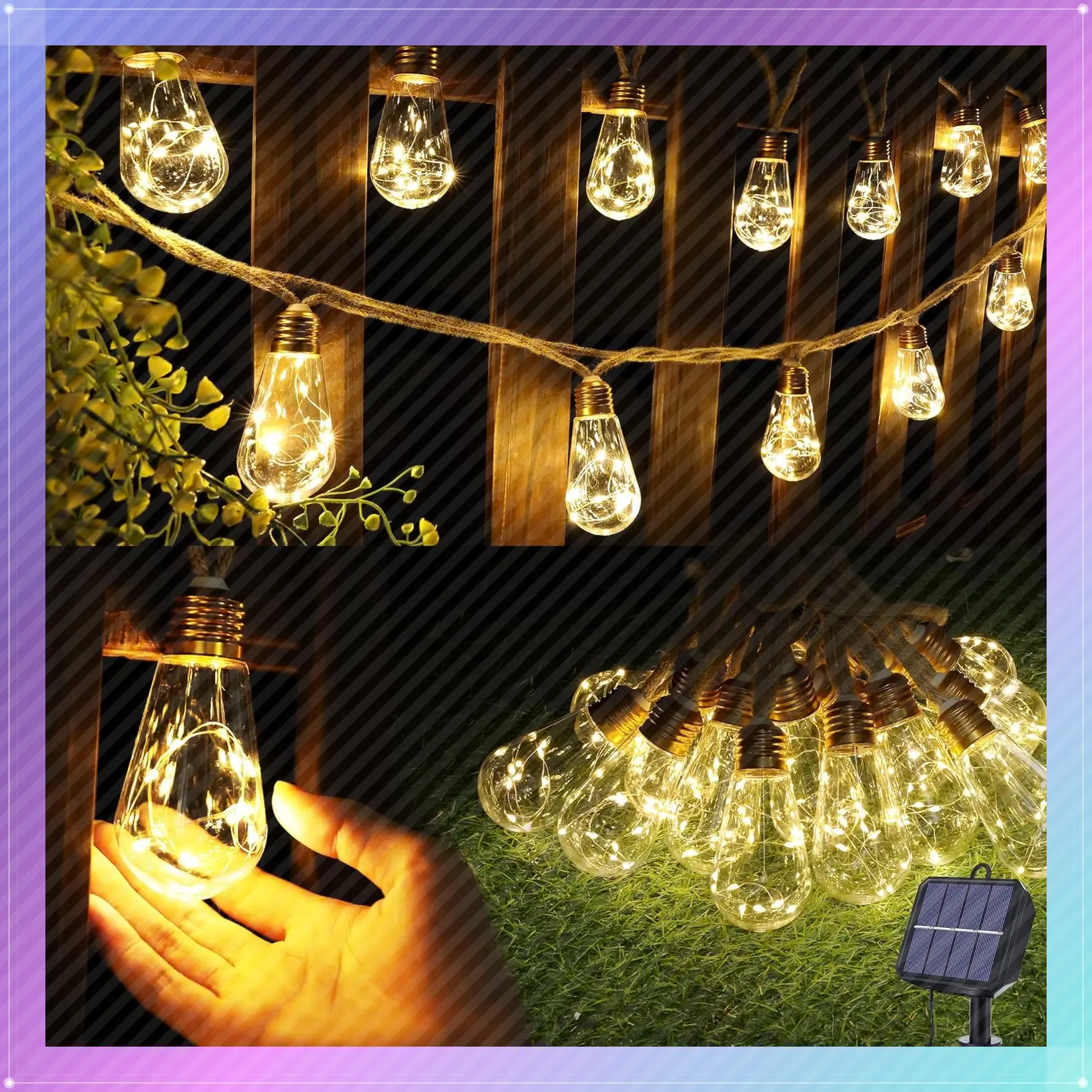 20 ft Vintage Rope Hemp Solar Powered Outdoor String Lights with 16 Shatterproof Bulbs, 8 Lighting Modes, Waterproof Warm White for Garden Fence Stairs Balcony BistroGift