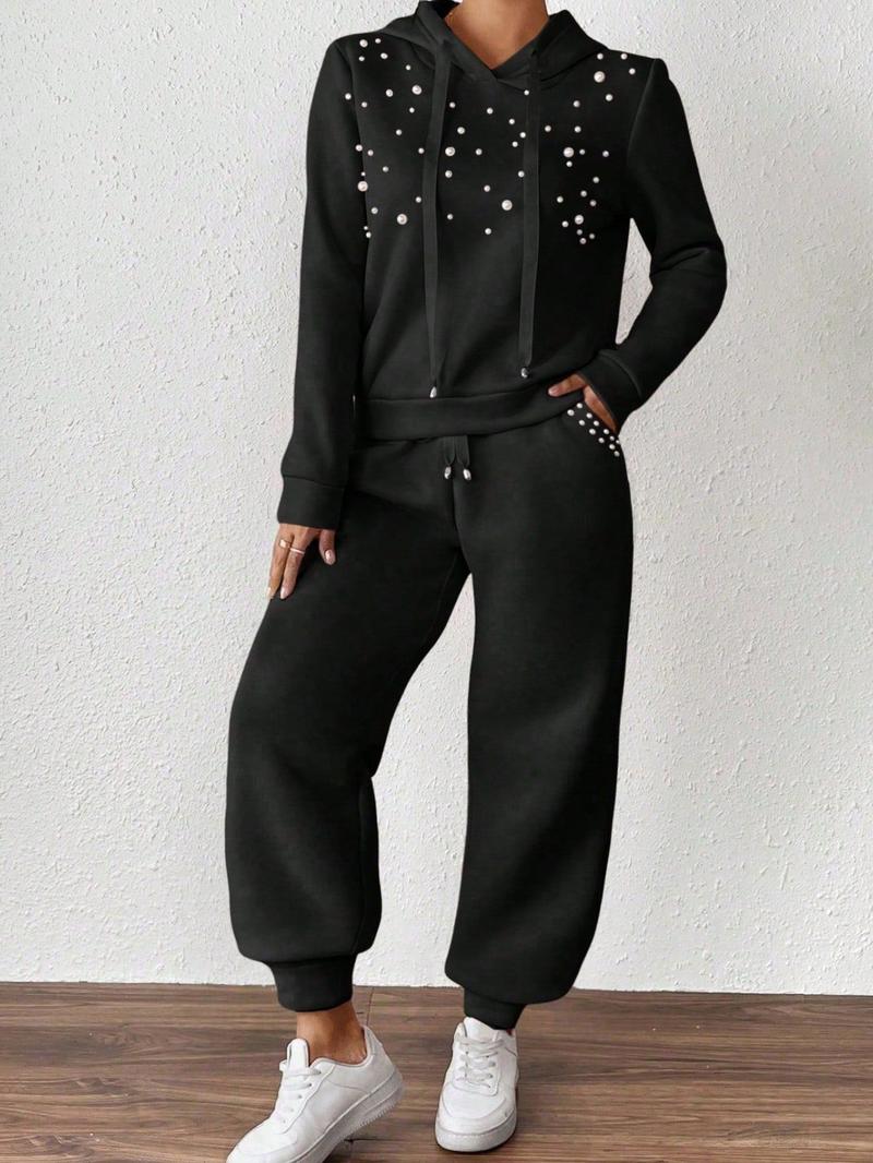 Two piece women's Korean casual black hoodie and pants set, suitable for autumn and winter, suitable for home, indoor, and outdoor wear