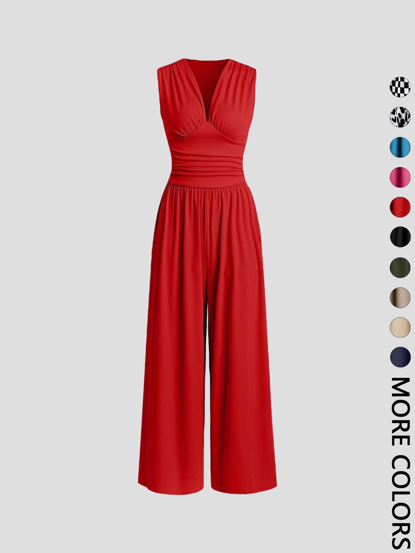 Women's Plain Ruched Deep V Neck Jumpsuit, Elegant Sleeveless Wide Leg Jumpsuit for Summer, Ladies Clothes for Beach Holiday Vacation Style