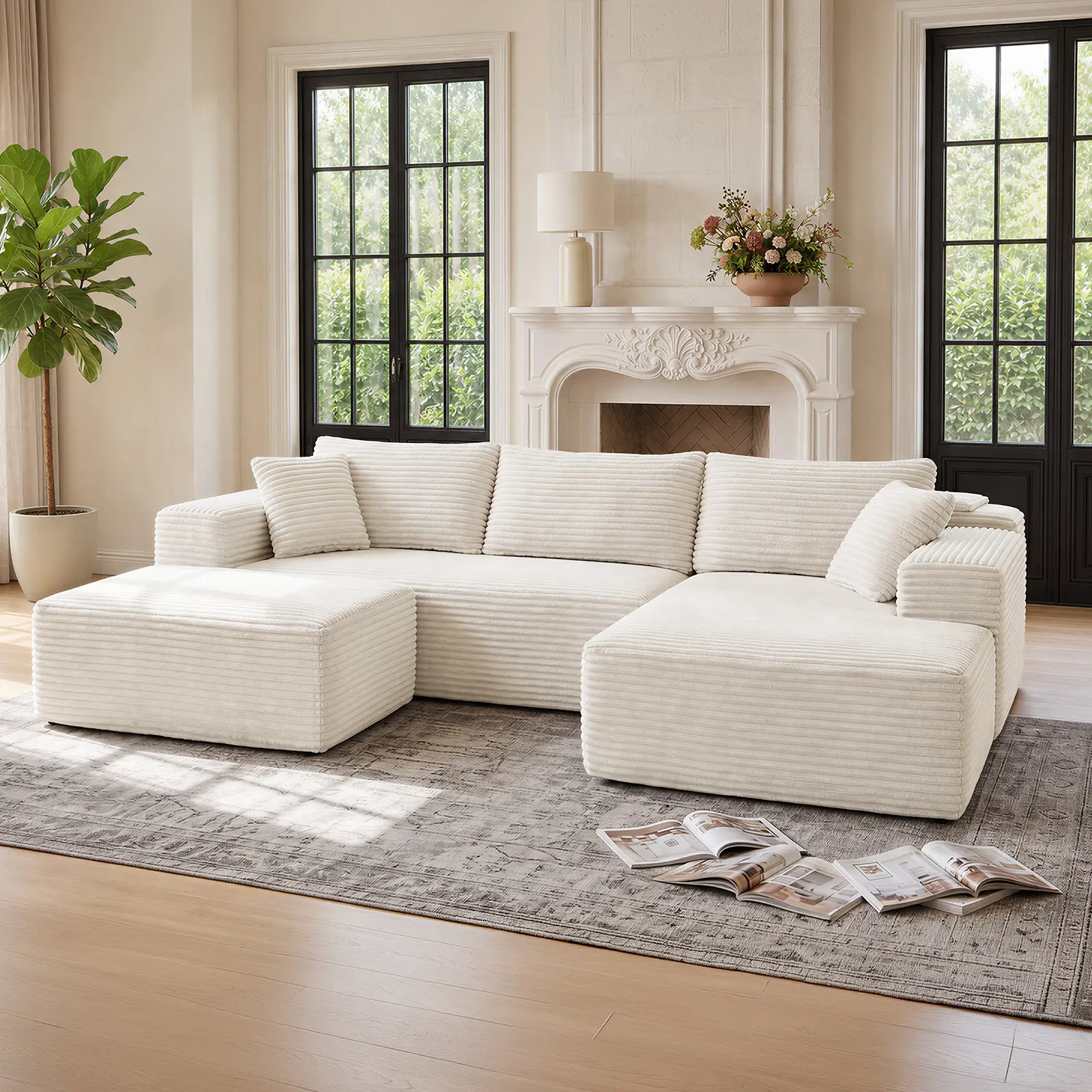 Corduroy Modular Sectional Sofa with Double Chaise and Ottoman, Convertible Small Space Sofa, Compressed No Assembly, Foam Filled Living Room Couch, Modern Minimalist,sohochic