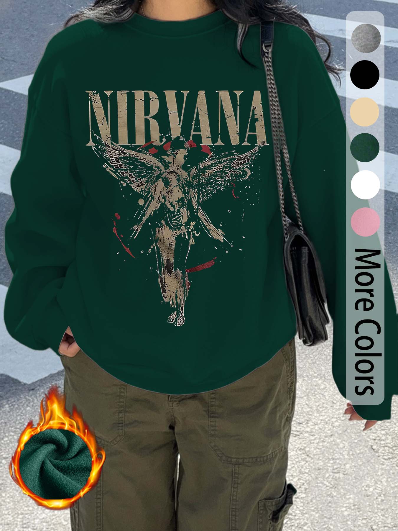 "Nirvana" Nirvana band pattern letter print, casual retro long-sleeved pullover, round neck casual sports women's pullover sweatshirt, autumn and winter plus velvet women's clothing