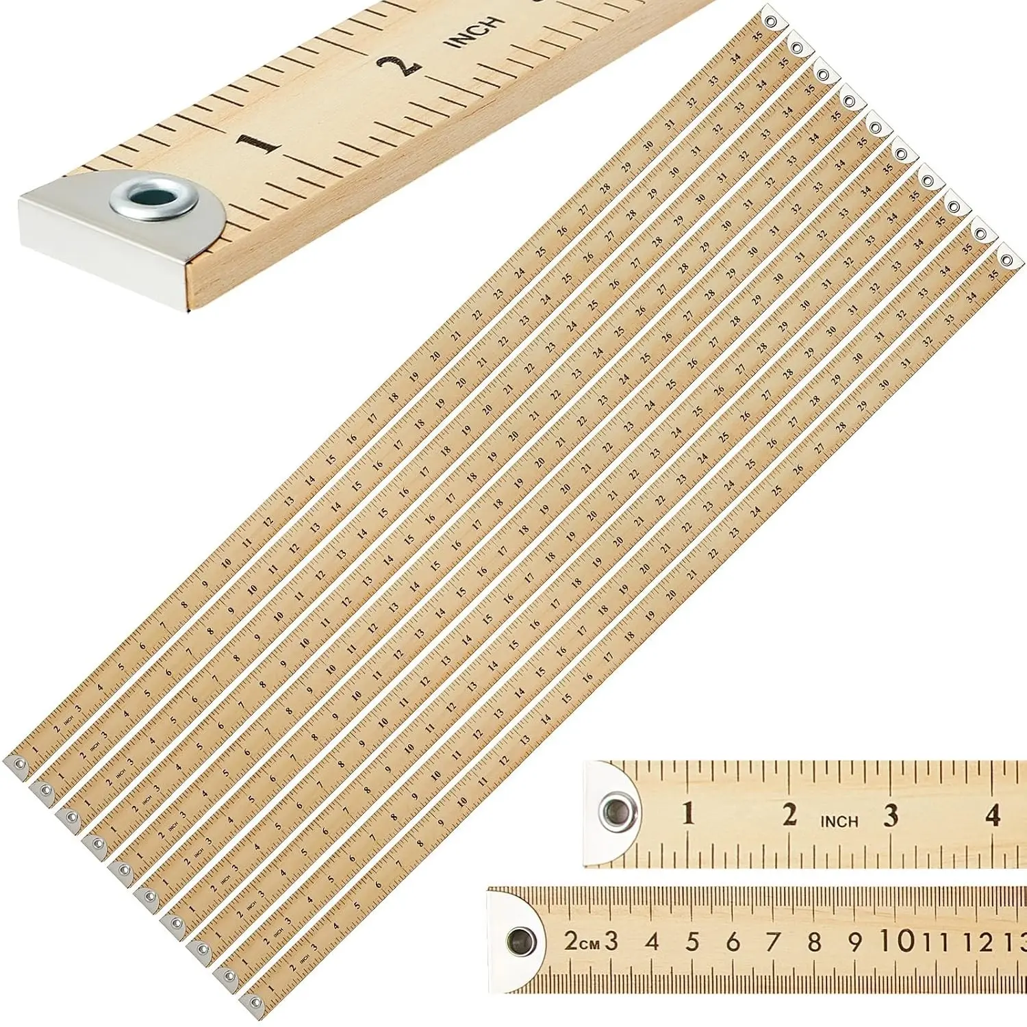 10 Pcs Wooden Yardstick 36 in Meter Ruler with Hang Hole, Wood Color