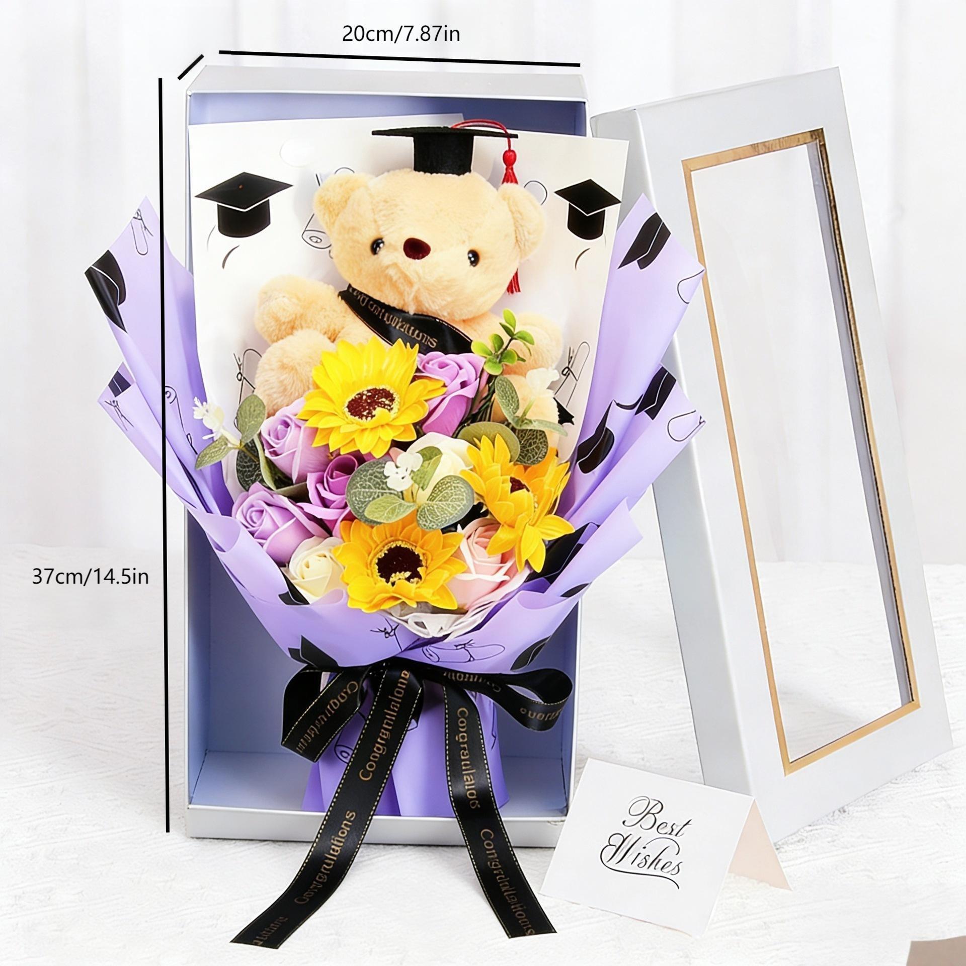 Graduation Teddy Bear Bouquet with Sunflower Soap Flowers, PhD Bear Plush Stuffed Animal in Window Gift Box, Artificial Floral Arrangement, Class of 2026 Gift for Friend