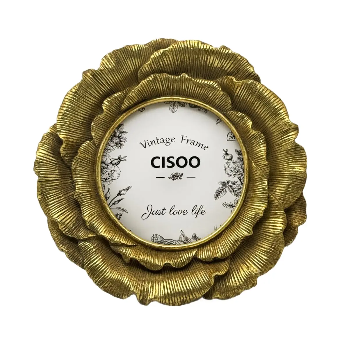 CISOO 4x4 Vintage Round Picture Frame Antique Gold Flower Circle Photo Frame with Clear Glass Front, Pre-Installed Wall Hooks & Tabletop Easel, Retro Resin Frame for Aesthetic Home Decor, Gallery Wall & Shelf Display