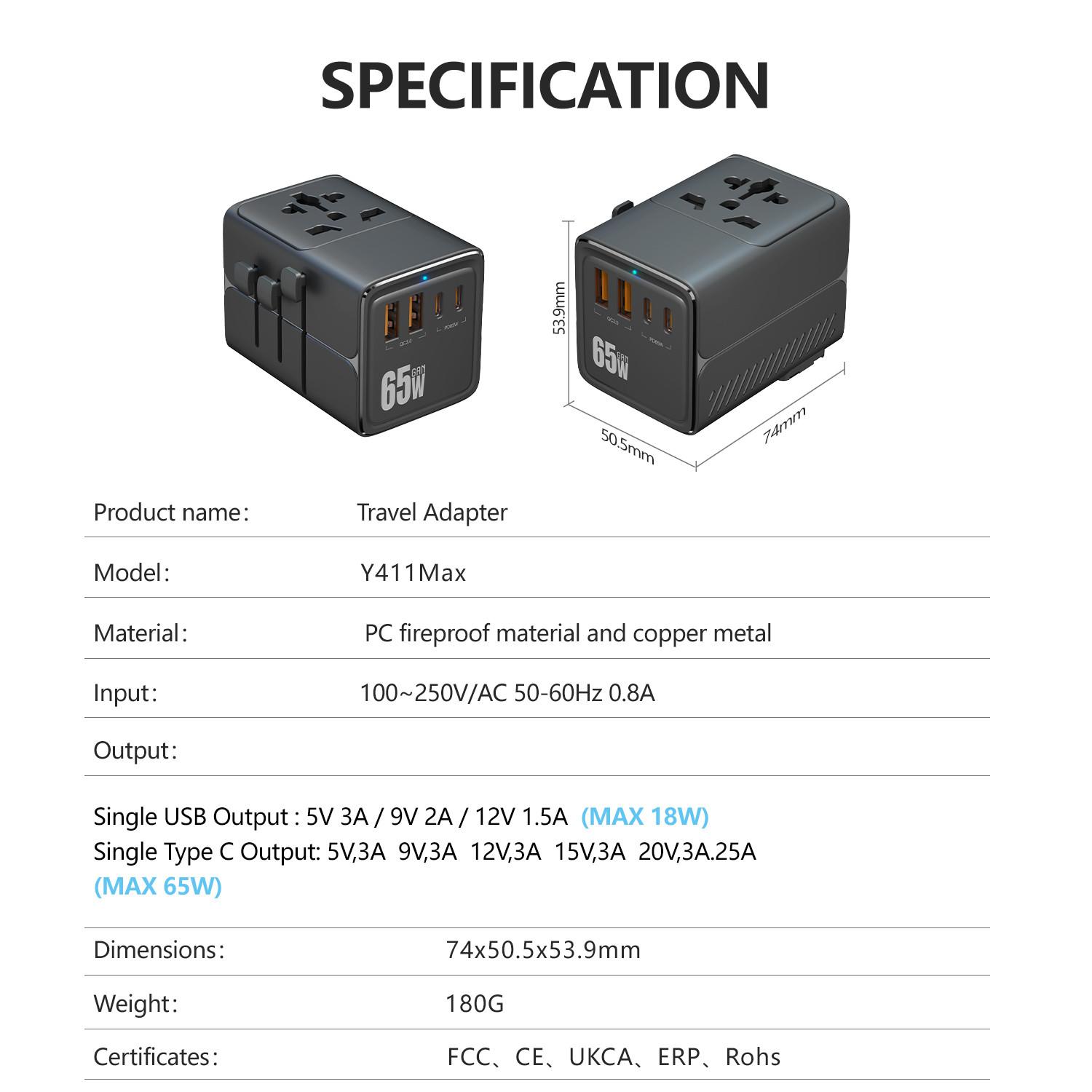 65w Universal Travel Adapter Plug, 2a2c Multi-Port Fast Charging, Compatible with Uk Us Eu Au Sockets, Ideal for Business and Leisure Travel