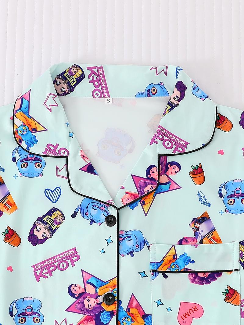 Women's Cartoon Sleepwear Set, Cute Heart Pattern, Comfortable Loose Fit, All-Season Wear, Casual Home Clothing, 2 Piece