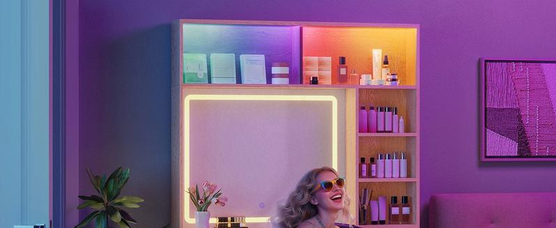 Sikaic Fluted Makeup Vanity with Sync Music LED Lights and Glass Top Mid-Century Modern Wooden Vanity Desk with Mirror, Power Outlet, Glass Cabinet, 4 Shelves and 5 Drawers