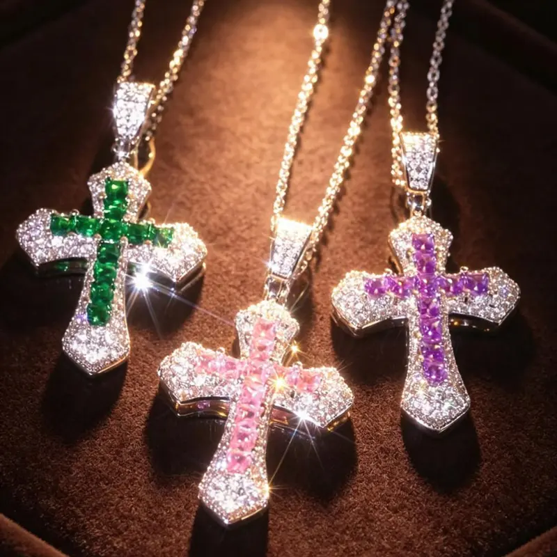 Sparkling MultiColor Cross Stainless Steel Necklace Waterproof Rainbow Pendant Necklace For Women MenLuxury Bling Zircon Cross Chain Trendy Hip Hop Jewelry Gift Fade Dainty Religious Jewelry For Her Him Anti Tarnish Fashion Jewelry Valentines Day Gift