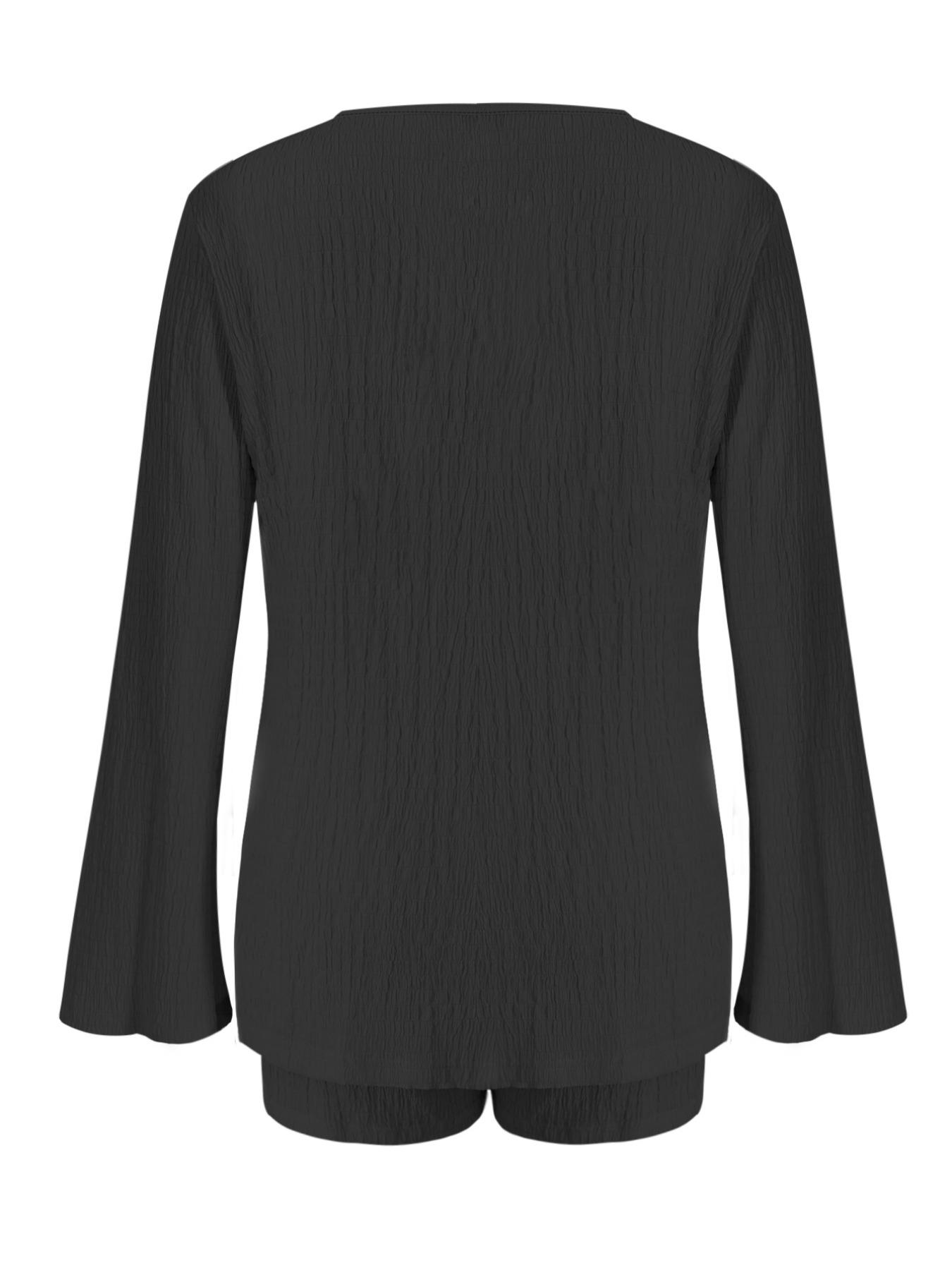 Women's Solid Color Longsleeves Fitted Tie Front Top & Shorts Set, Minimalist Basic Casual Fashion Cozy Two-piece Fashion Style Sets for Daily Outdoor Wear, Ladies Summer Clothes, Womenswear, Loungewear, Homewear, Casual Comfy Pajama Set, Cream