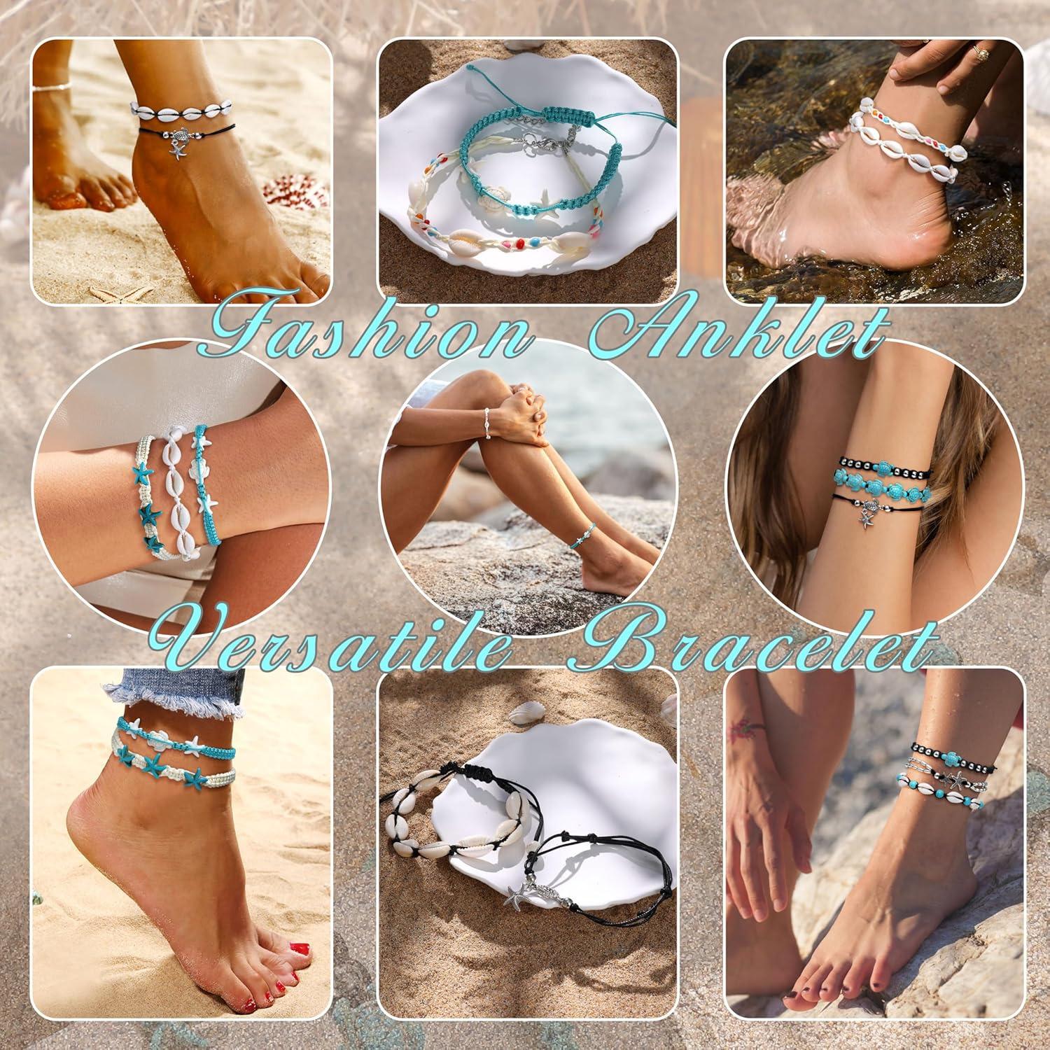 10 PCS Bohemian Summer Anklets for Women, Waterproof Handmade Turtle Starfish Shell Ankle Bracelets, Adjustable Beach Foot Jewelry,summerwins