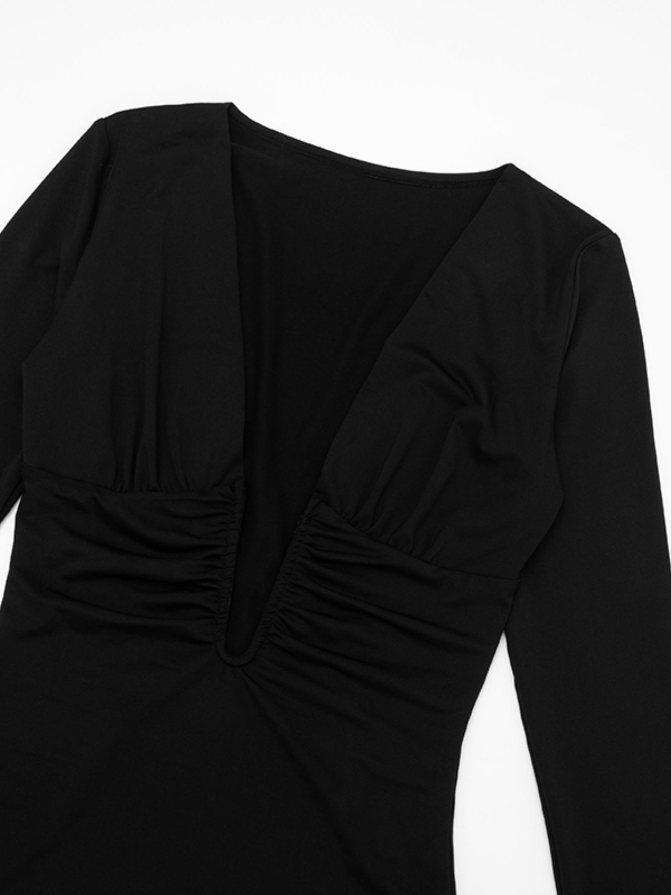Elegant Women's Long Sleeve Deep V Neck Bodycon Dress, Comfortable Trendy Fashion, Perfect for Parties & Daily Wear