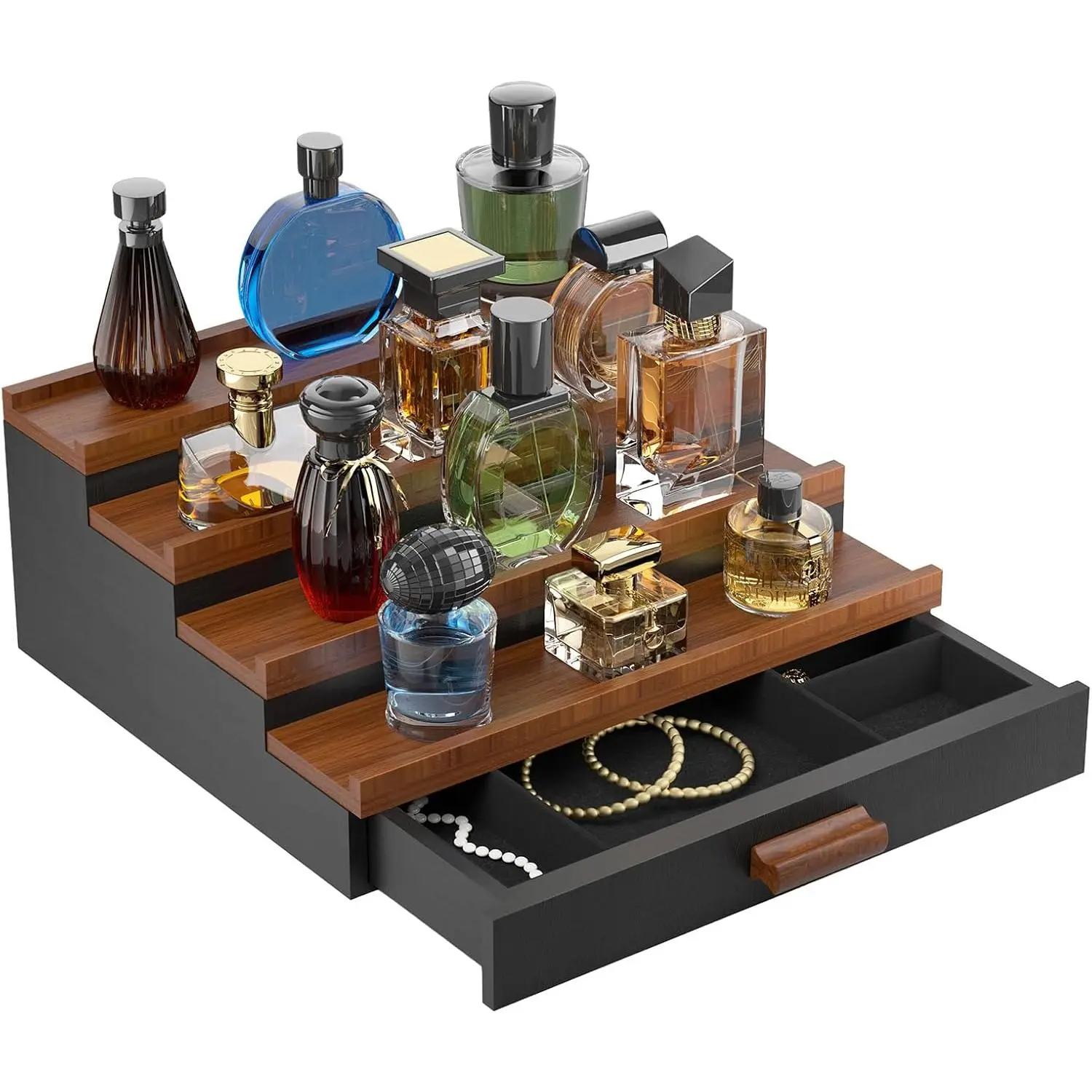 Perfume Cologne Organizer for Men: 4 Tier Wooden Perfumes Stand, Desktop Parfum Holder  Display Shelf with Cabinet, Bedroom Dresser Makeup Lotion  Storage Rack with Drawer