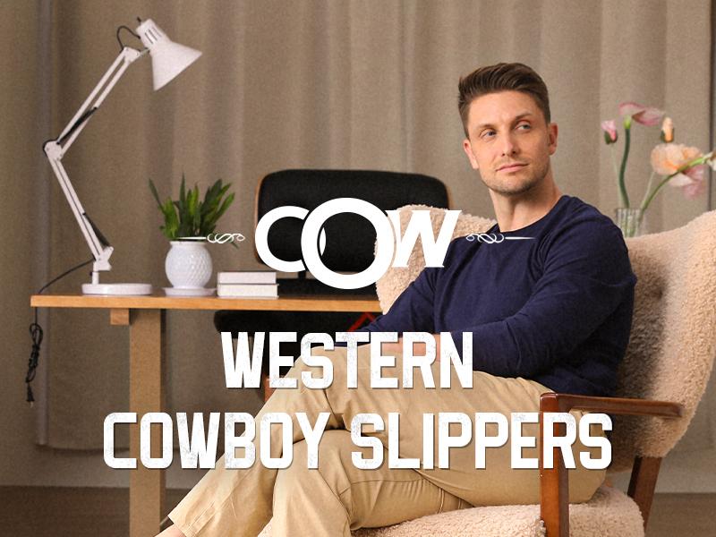 OOW Cowboy Boot Slippers for Men Western House Slippers Indoor & Outdoor Square Toe Chestnut Soft Faux Fur Lining Durable Cotton Fabric