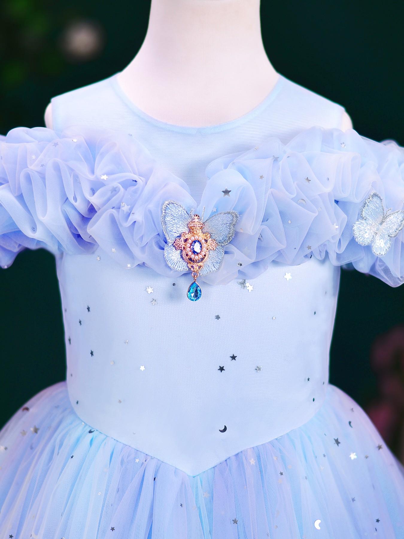 Girls' Summer Princess Dress, Floral Butterfly Sequin Elegant Dress, Birthday Party Hostess Flower Girl Evening Gown, Festival Performance Costume