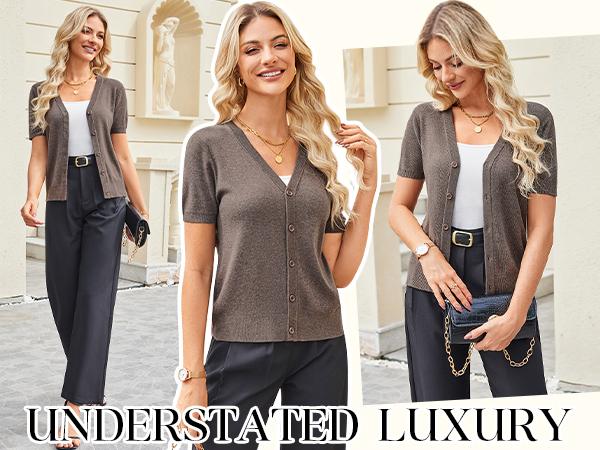 Arach&Cloz Womens Wool Blended Cropped Cardigan Sweater 2026 Short Sleeve Shrug Business Casual Outfits Lightweight Top