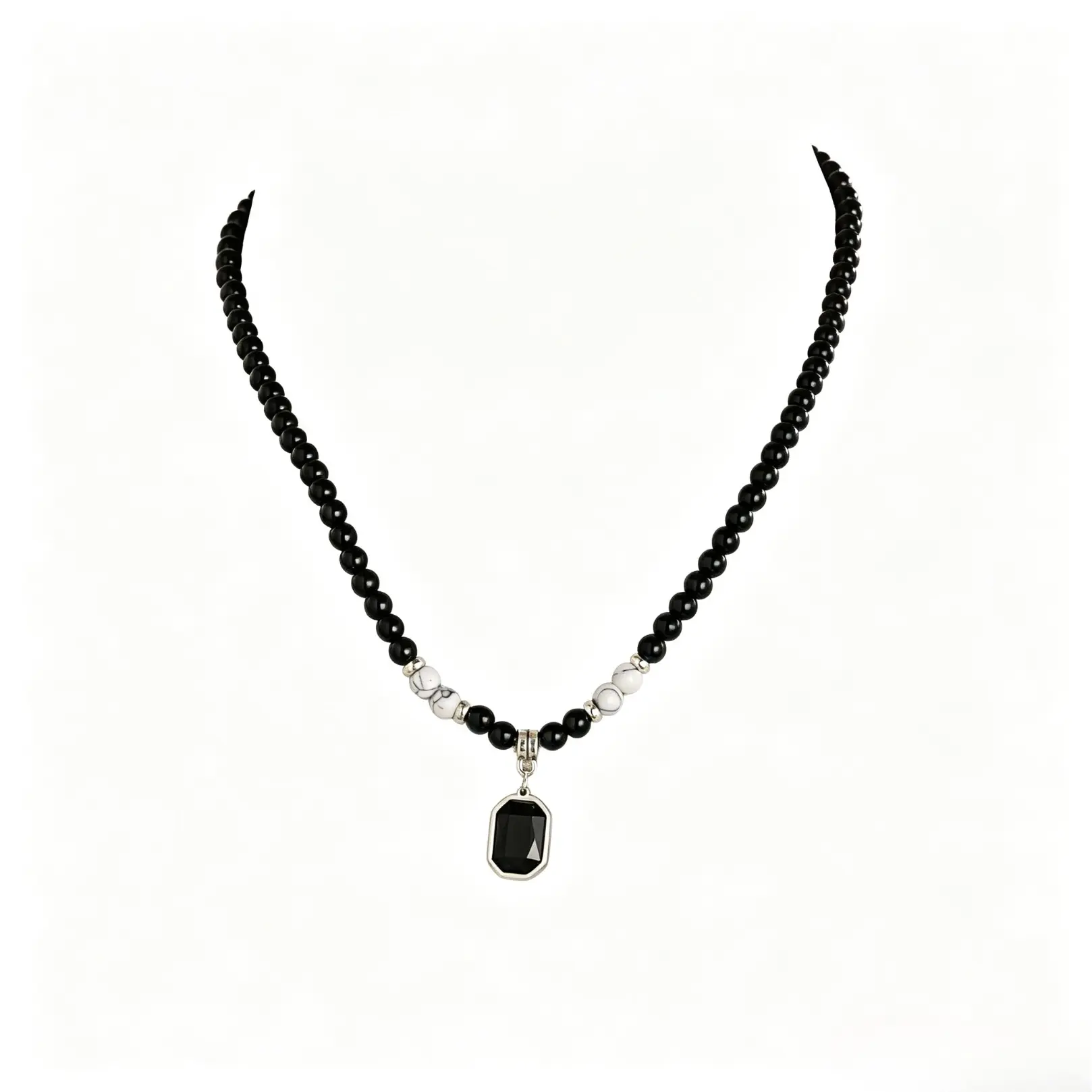 Handmade Beaded Necklace with Square Stone Exquisite Pendant - One Size Elegant Daily Wear Fashion Accessory, All-Season Costume Jewelry, Perfect Gift