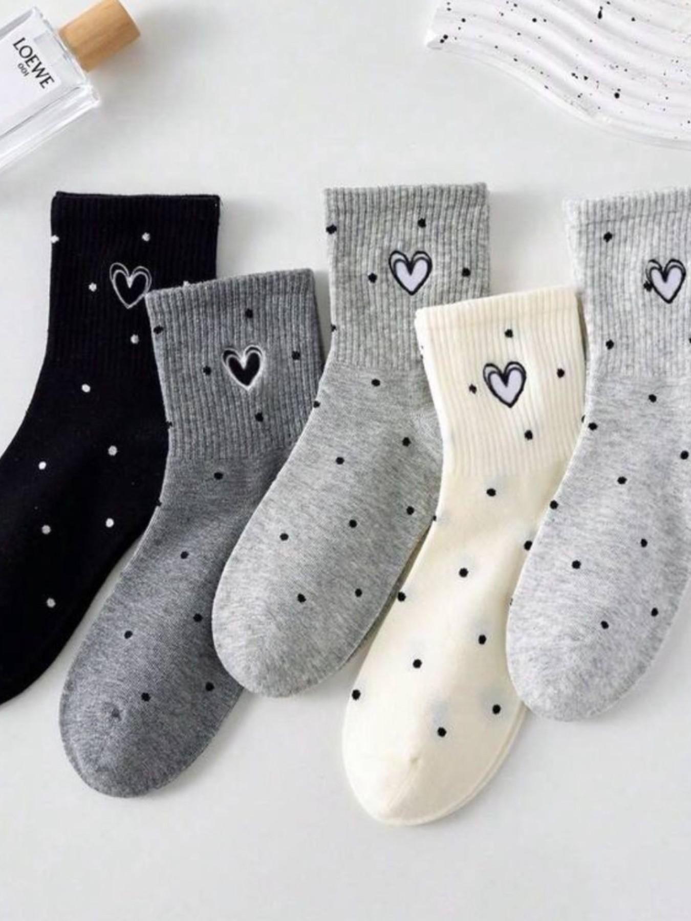 5 Pairs Heart Design Women's Mid-Calf Crew Socks, Casual Fashion Sport Wear, Slim-Fitting All-Season Socks for Daily Use
