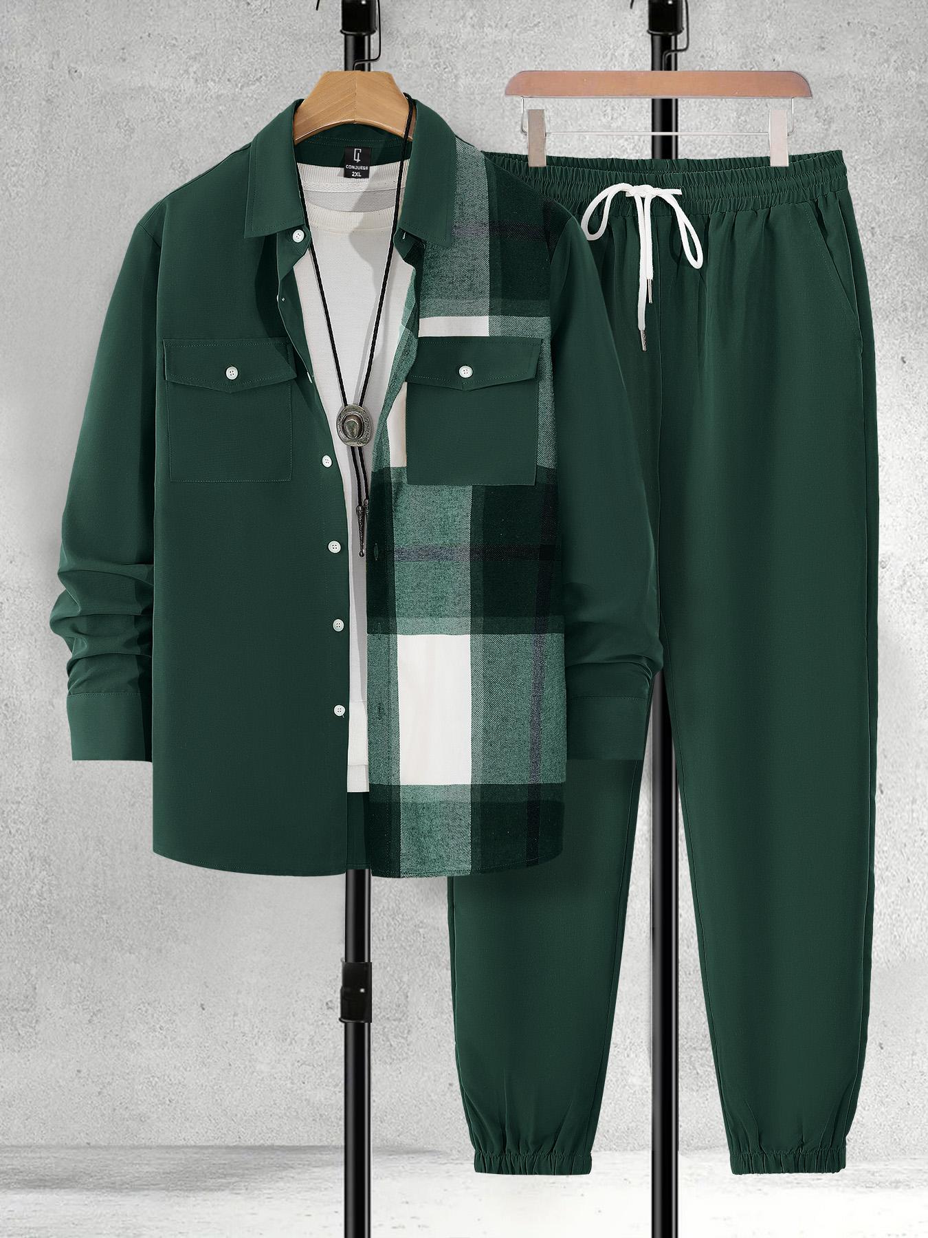 【Plus Size】 Men's Plaid Print Button Front Shirt & Drawstring Waist Pants Set, Regular Fit Casual Checked Long Sleeve Collared Top & Pocket Trousers, Men's Spring & Fall Clothes, Men's 2 Piece Set, Longsleeves Menswear