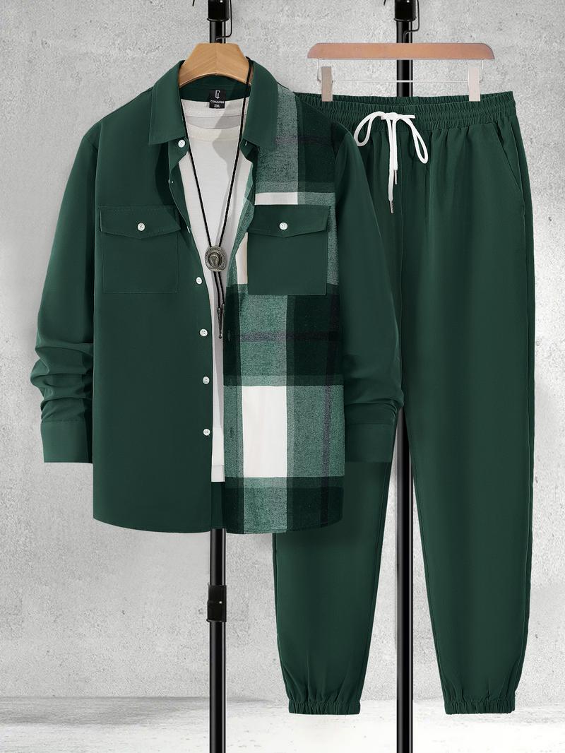 【Plus Size】 Men's Plaid Print Button Front Shirt & Drawstring Waist Pants Set, Regular Fit Casual Checked Long Sleeve Collared Top & Pocket Trousers, Men's Spring & Fall Clothes, Men's 2 Piece Set, Longsleeves Menswear