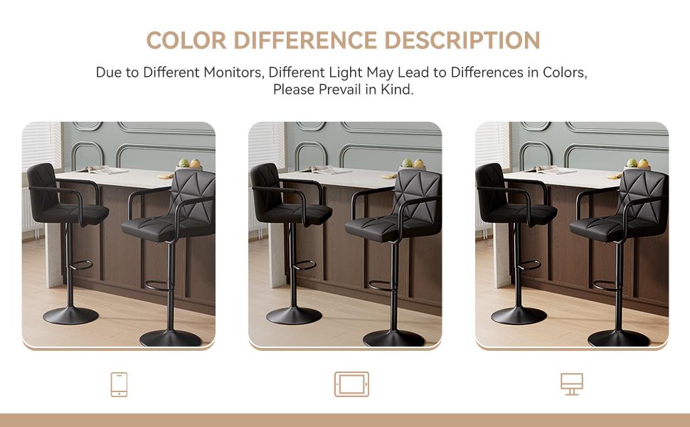 Modern Bar Stools Set of 2 Upholstered Faux Leather Barstools with Back and Arms Height Adjustable Bar Chairs Waterproof Counter Barstools for Kitchen Bar Dinning Room, Black