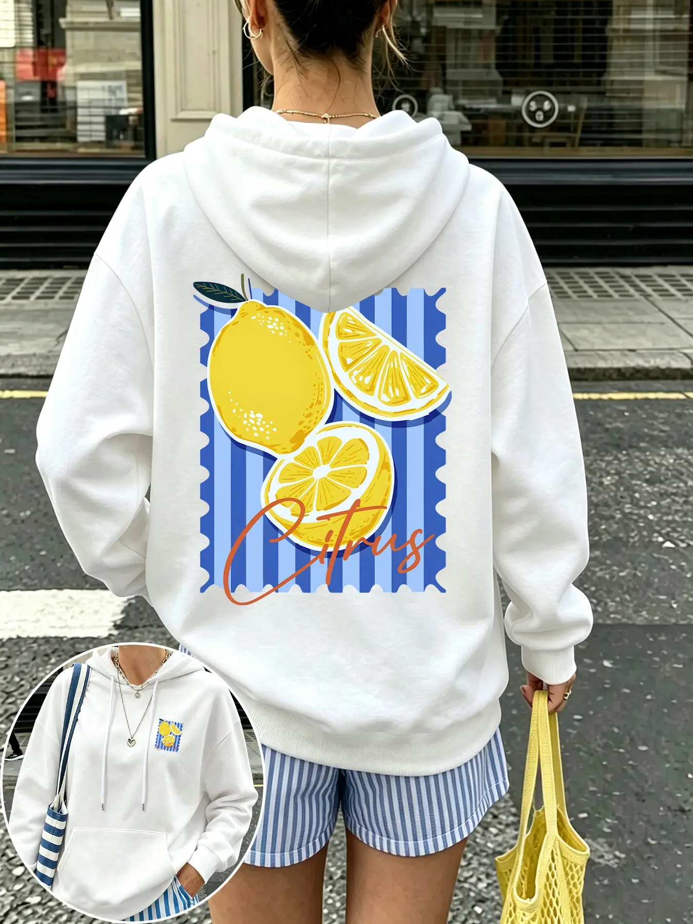 Women's Fashion Casual Sweatshirt, Lemon Pattern Print, Long Sleeve, Fall & Winter, Comfortable Daily Wear, Loose-Fitting, Drawstring Pockets