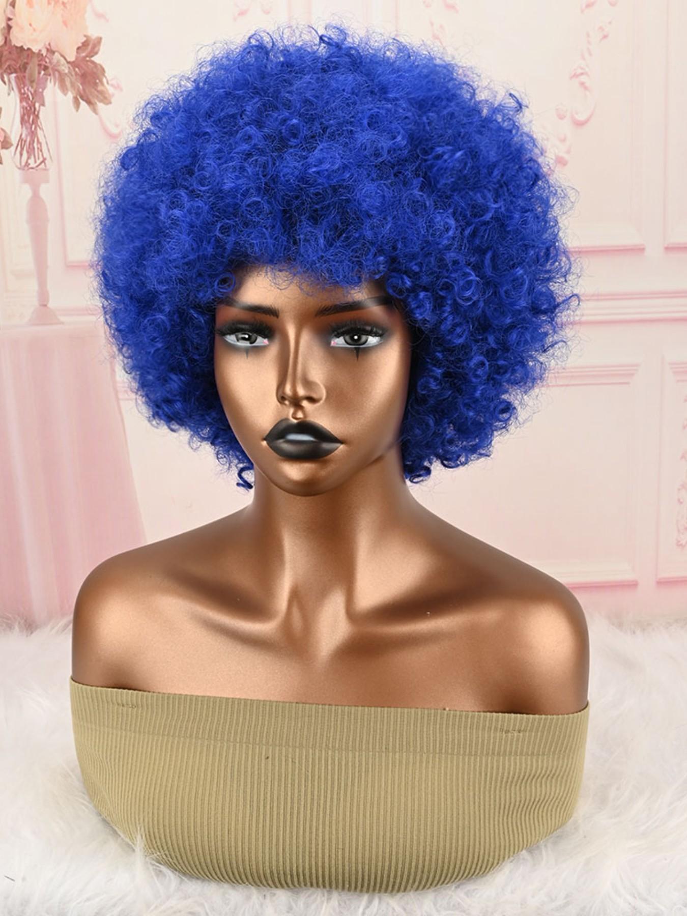 Bright Blue Fluffy Afro Synthetic Wig With Bangs High Temperature Fiber Short Kinky Curly Full Wig 70s Retro Style Afro Wigs For Cosplay Party Festival Photoshoot
