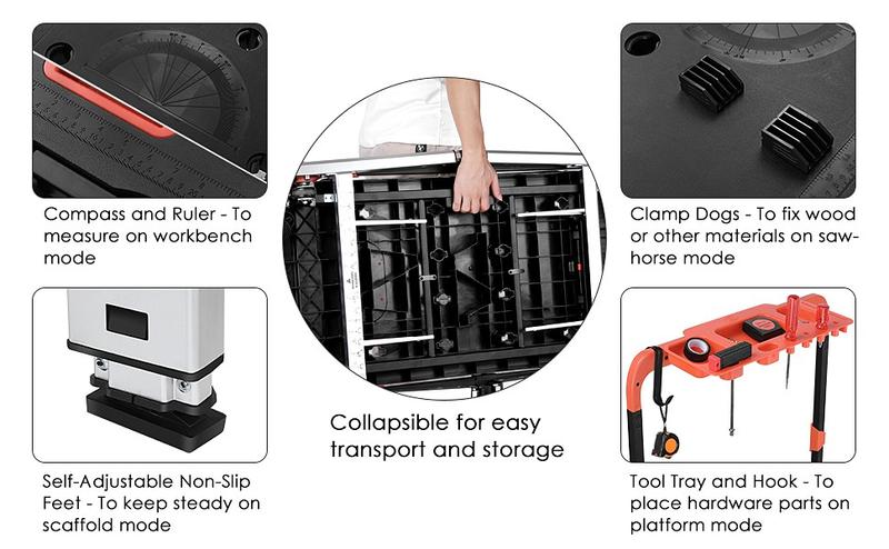 Multifunctional Folding Work Table，7-in-1 Design for Garage Use as a Portable Workbench, Sawhorse, Scaffold, Platform, Car Creeper, Dolly, and Hand Truck, Featuring 4 Wheels,Father'sDayGift