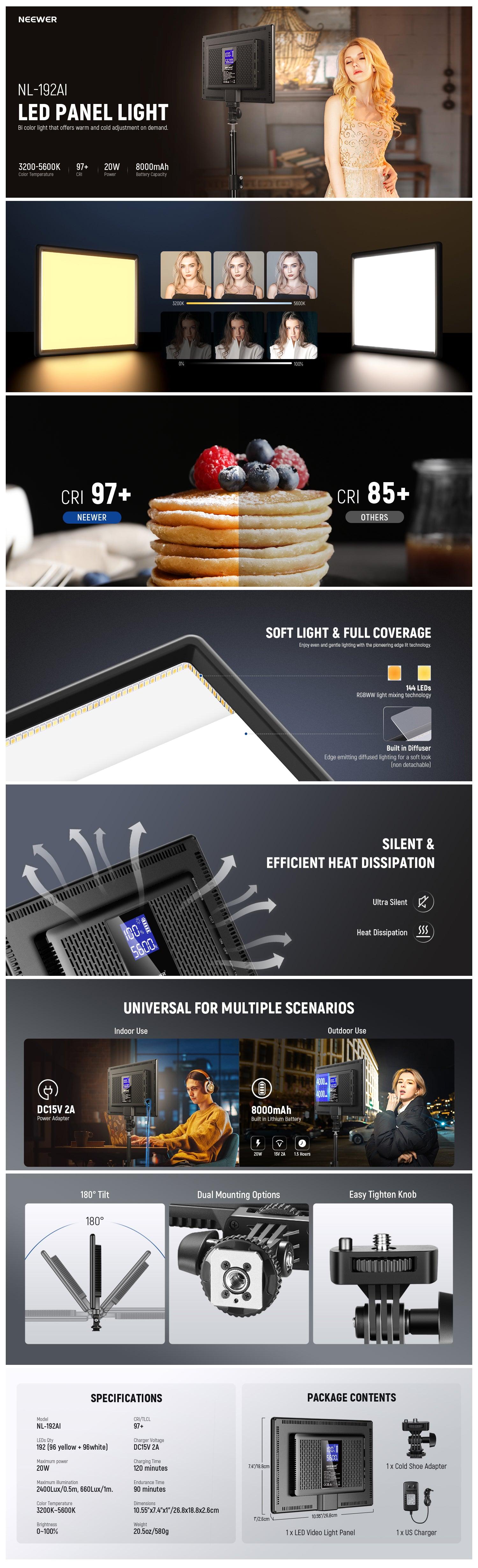 NEEWER 192 LED Video Light Panel, 19.5W Ultra Thin Bi Color Dimmable DSLR Camera Soft Light with 8000mAh Built in Lithium Battery, 3200-5600K CRI95+ for Photography Video Recording Live Streaming